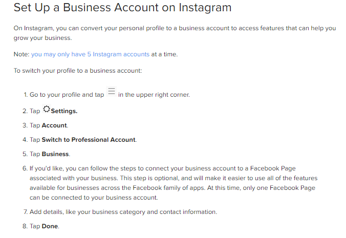 List of instructions for how to set up an Instagram business account